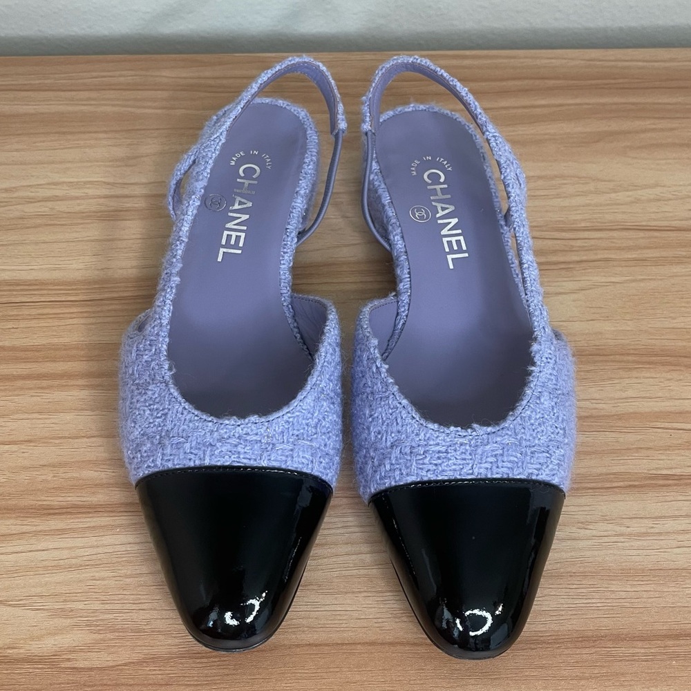 RARE Chanel Boucle Purple and Patent Leather Flat Slingbacks 37.5 - Picture 2 of 11